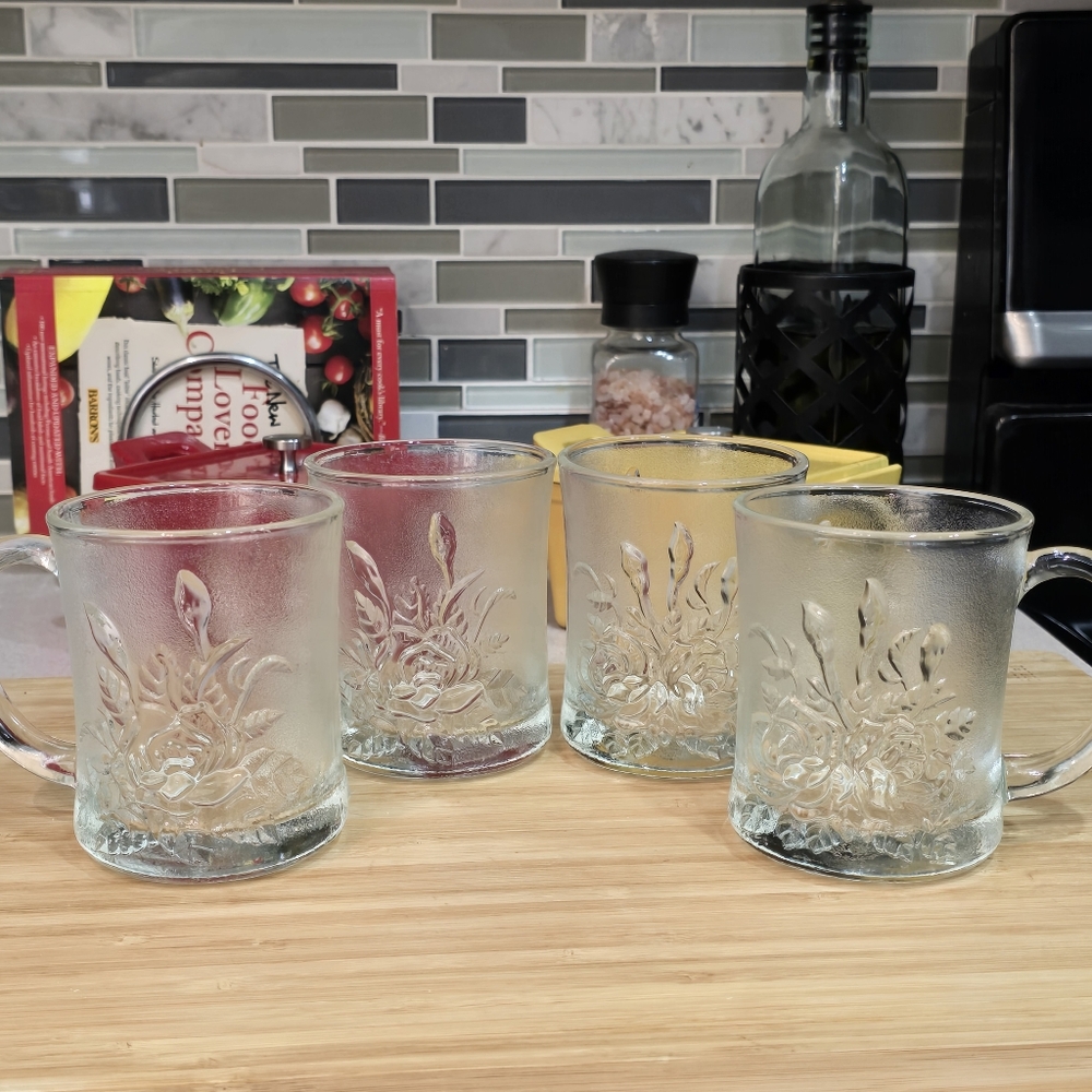 Pasari Liva Frosted Rose Clear Glass‎ Mugs Set of 4 Vintage Indonesia 10oz